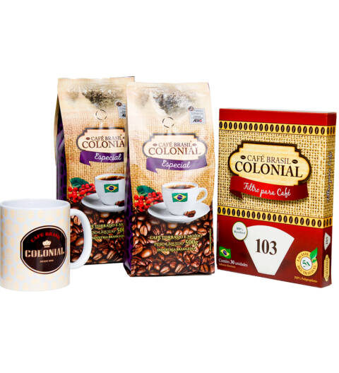 Kit 2 Café Brasil Colonial Especial + 1 Caneca de Porcelana + 1 Filtro de Café